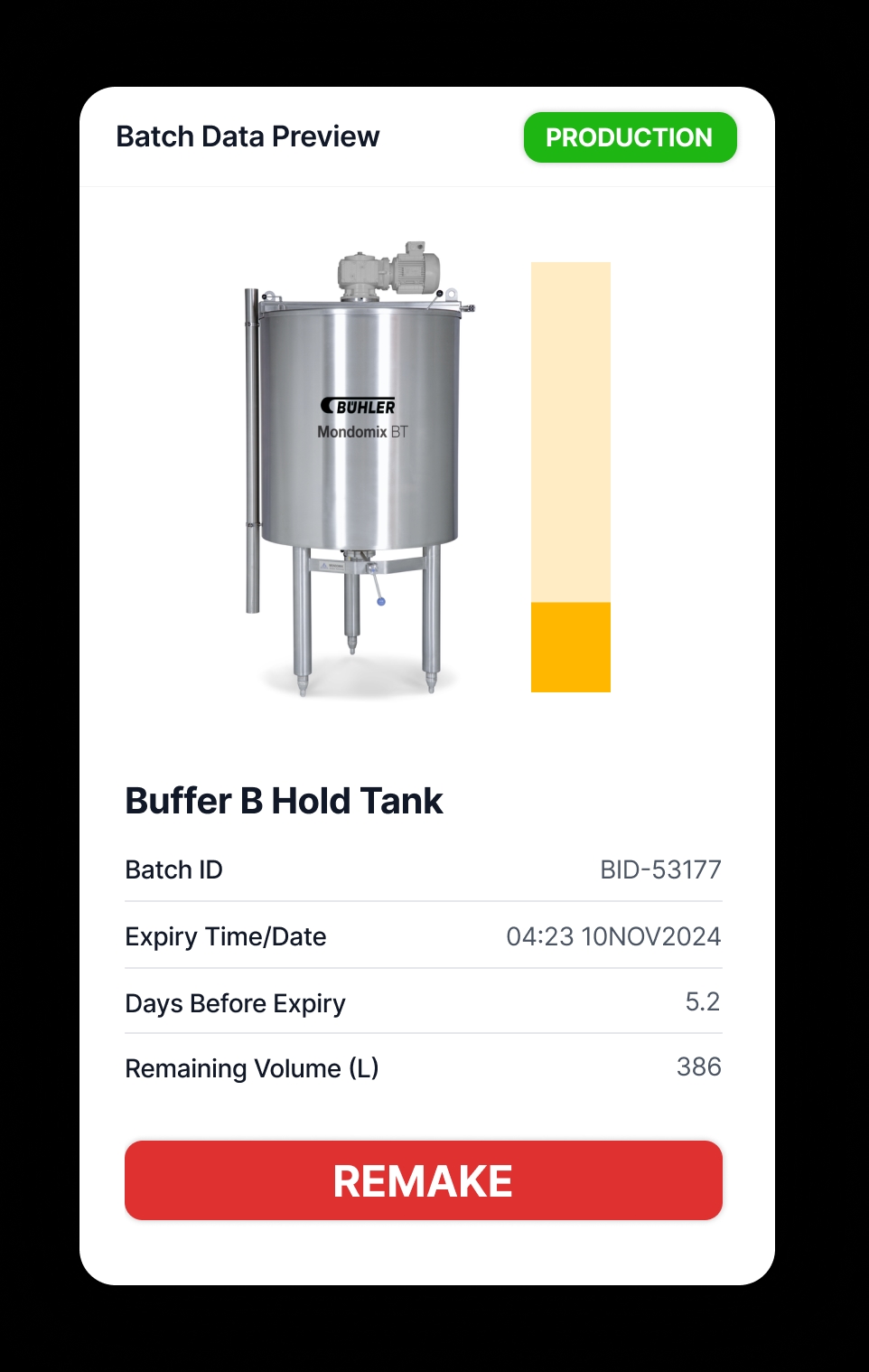 Card displaying status of Buffer Tank